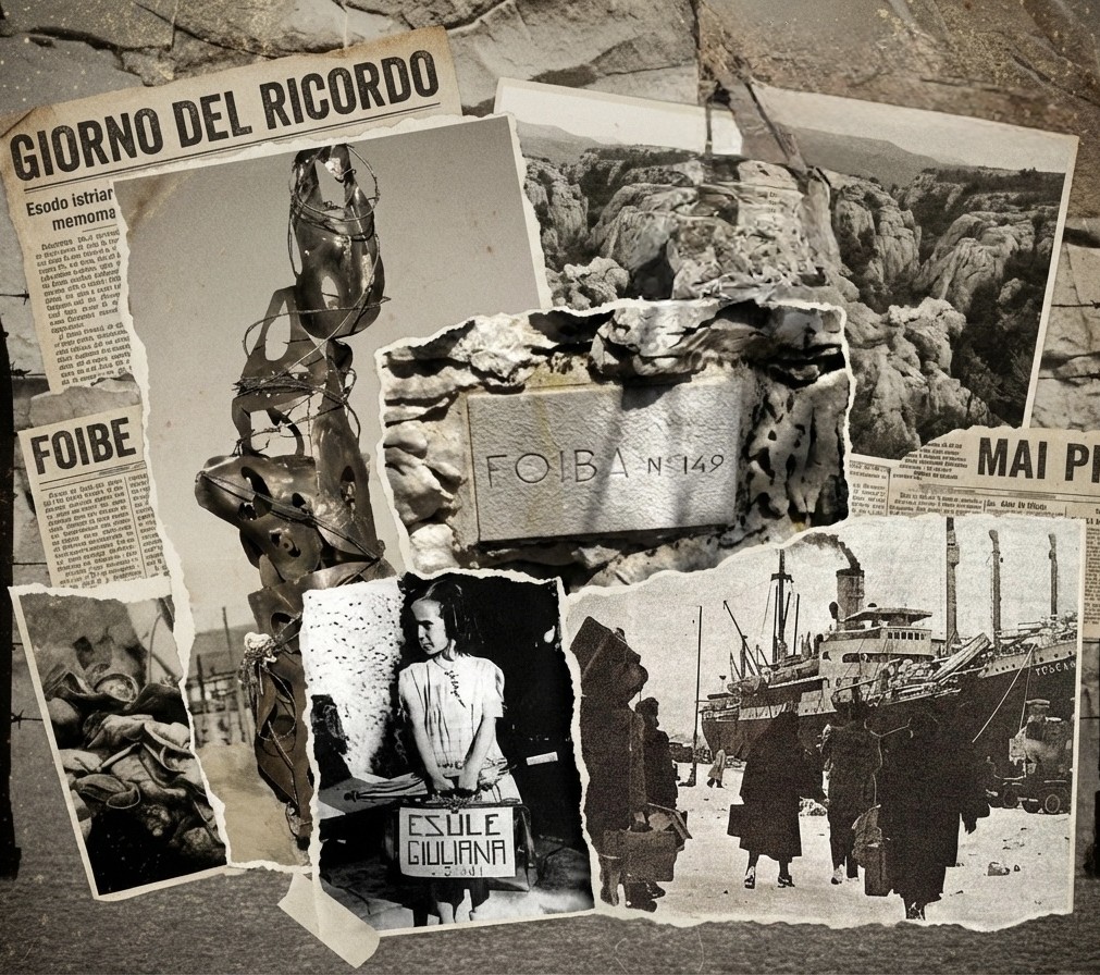 Collage fotografico in bianco e nero e toni seppia dedicato al "Giorno del Ricordo". Include immagini storiche dell'esodo giuliano-dalmata, tra cui la celebre foto della bambina con la valigia "Esule Giuliana", una nave di profughi, il paesaggio carsico con la scritta "Foiba N. 149" e il monumento di Basovizza avvolto nel filo spinato.