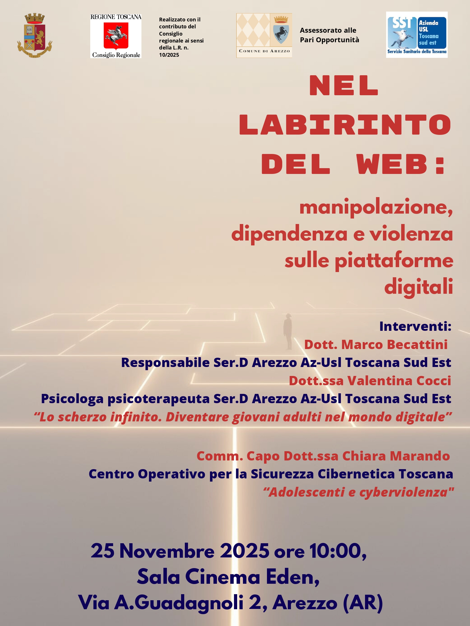 Locandina convegno "Nel labirinto del web: manipolazione , dipendenza e violenza sulle piattaforme digitali"