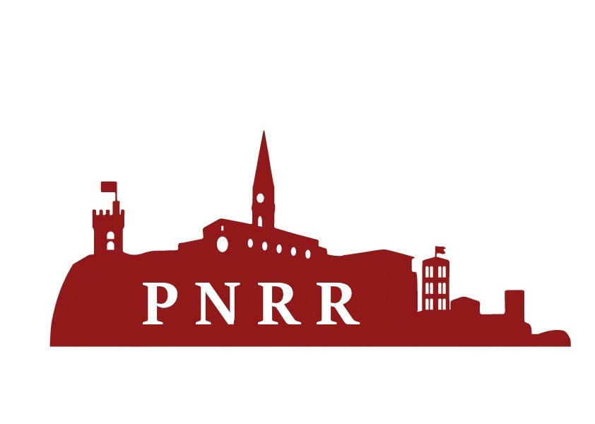 scritta pnrr con lo sfondo dello skiline di arezzo