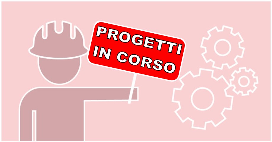 disegno di un operaio edile con in imano un cartello con la scritta progetti in corso