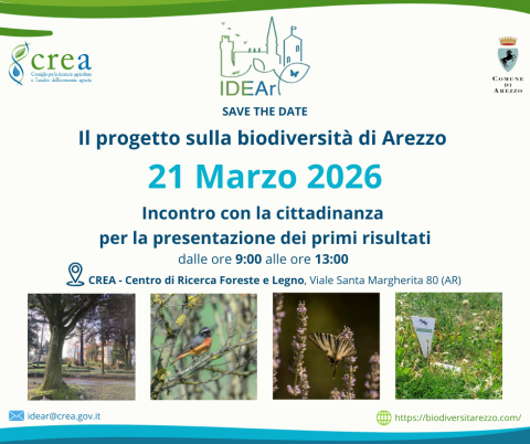 Invito al convegno “La biodiversità urbana di Arezzo” presentazione dei risultati preliminari del progetto IDEAr (Indagine Diversità Ecosistema Arezzo), che si terrà sabato 21 marzo 2026 dalle ore 9:00 alle ore 13:00 presso la sede del CREA - Foreste e Legno (Viale Santa Margherita n. 80, Arezzo).